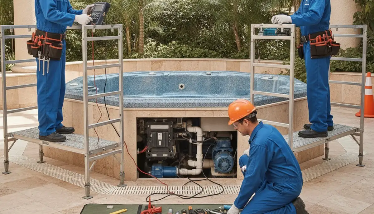 Spa repair technician servicing a home spa in Albuquerque, NM for On Call Plumbers